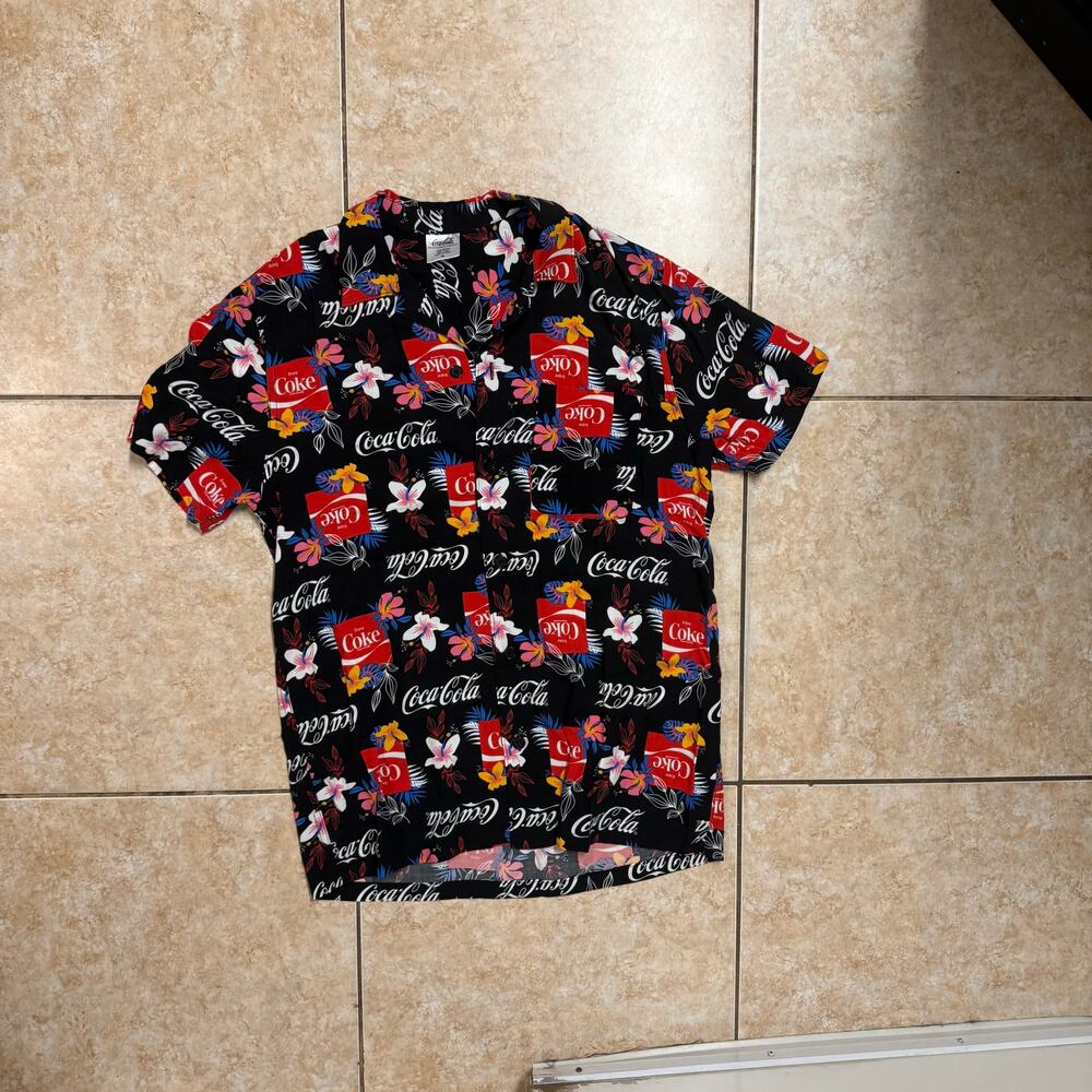 Coca Cola Camp Shirt Hawaiian‎ Floral Print Black Retro Party Casual Top